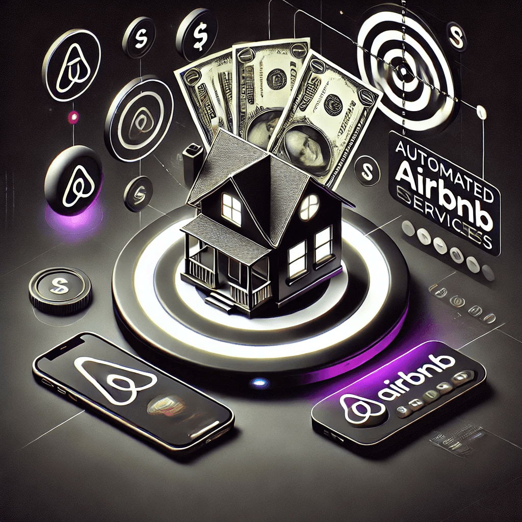 Digital illustration of a house with dollar bills and Airbnb logos, representing automated Airbnb services.